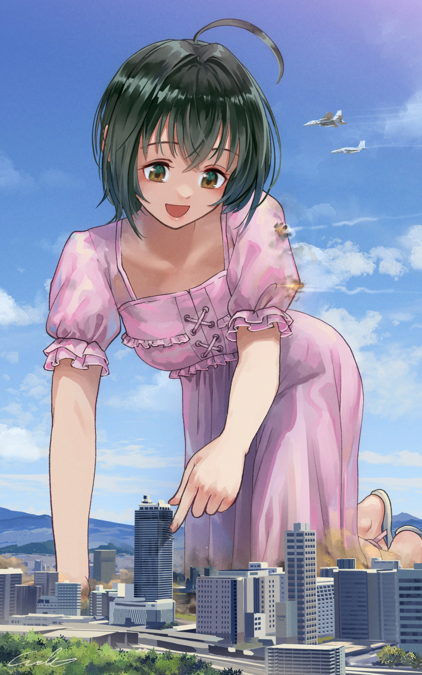 1girl absurdres ahoge black_hair blue_sky brown_eyes building city clouds day dress giant giantess hair_between_eyes highres idolmaster idolmaster_cinderella_girls kohinata_miho open_mouth outdoors pink_dress puffy_short_sleeves puffy_sleeves short_hair short_sleeves signature sky skyscraper smile solo welt_(kinsei_koutenkyoku)