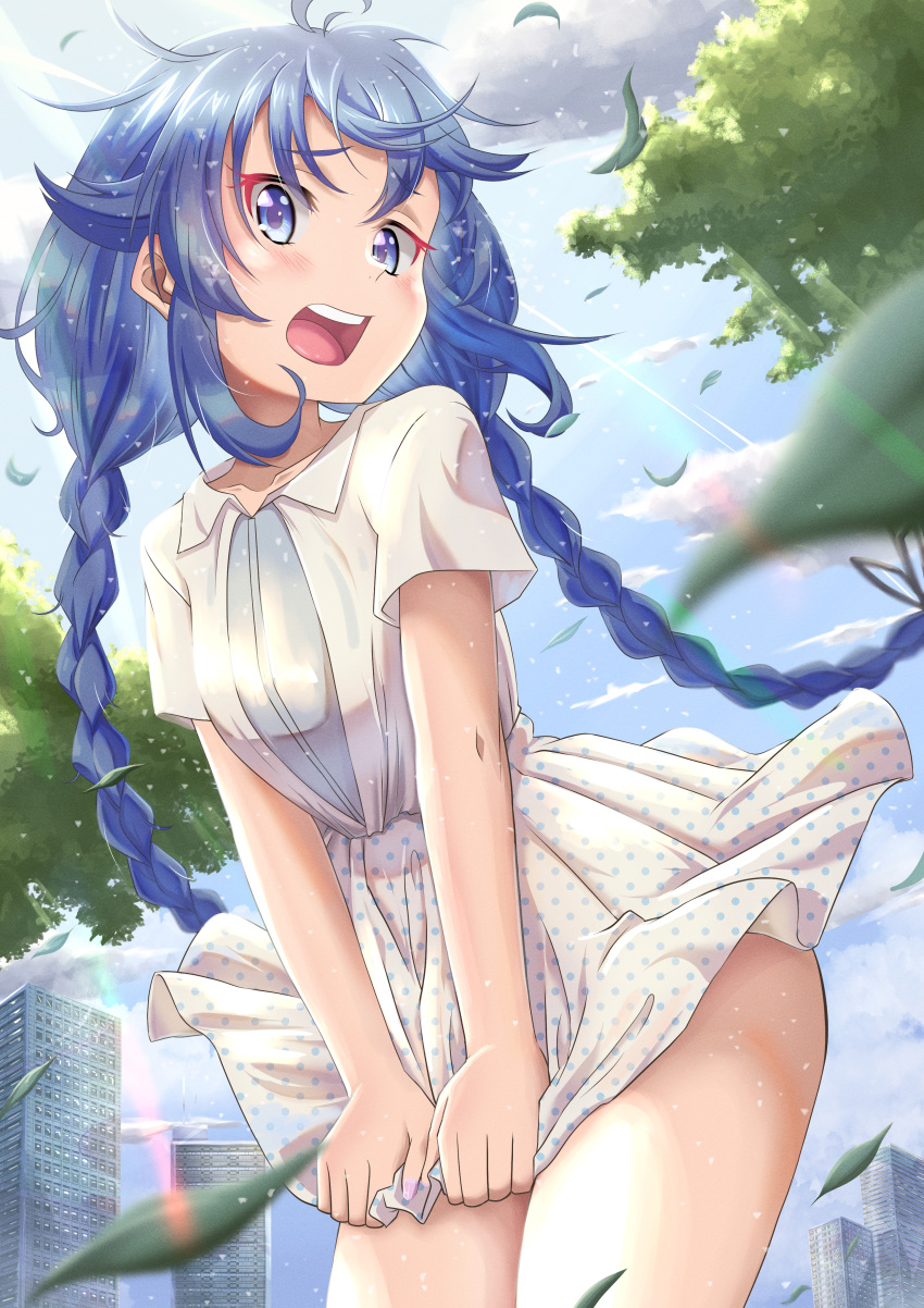 1girl absurdres bangs blue_eyes blue_hair highres honba_misaki leaf looking_at_viewer mushoku_tensei open_mouth roxy_migurdia solo wind wind_lift