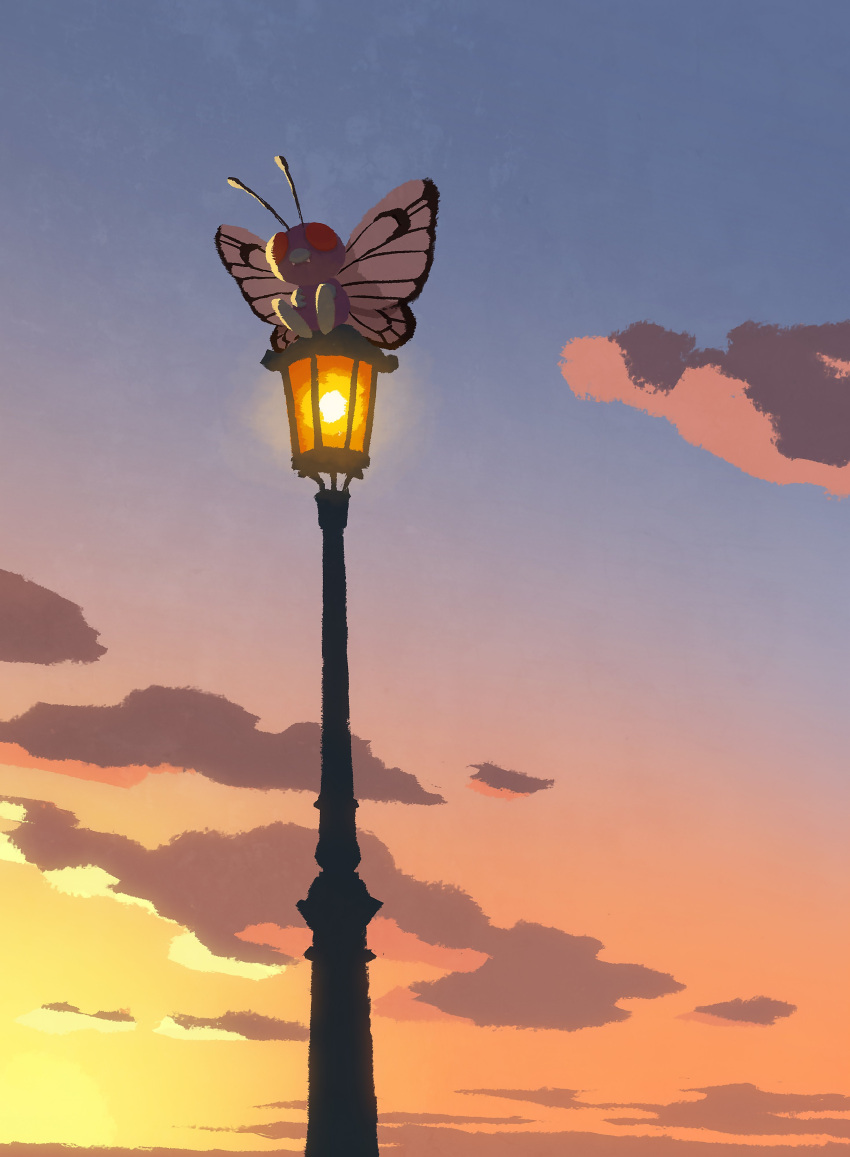 absurdres antennae bug butterfly butterfree clouds evening highres hyogonosuke insect_wings lantern no_humans outdoors pokemon pokemon_(creature) sitting sky solo wings