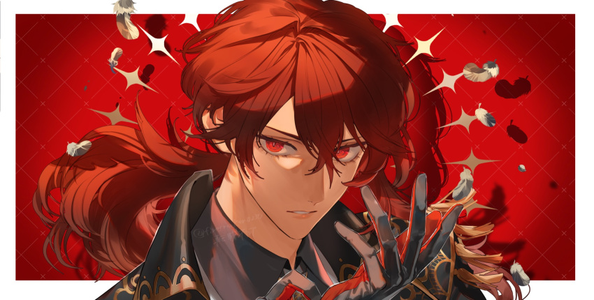1boy adjusting_clothes adjusting_gloves bangs black_coat coat diluc_(genshin_impact) feathers genshin_impact gloves hair_between_eyes highres hiiro_(coinxtossxdive) long_hair looking_at_viewer male_focus parted_lips ponytail portrait red_eyes redhead simple_background solo twitter_username