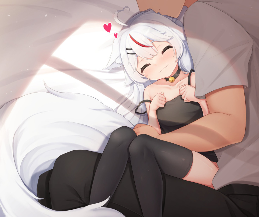 1boy 1girl ^_^ animal_ears bell black_camisole black_choker black_legwear black_pants camisole choker closed_eyes cuddling fox_ears fox_girl fox_tail highres indie_virtual_youtuber kamiko_kana meemo multicolored_hair neck_bell pants redhead second-party_source shirt short_sleeves smile strap_slip streaked_hair tail thigh-highs two-tone_hair white_hair