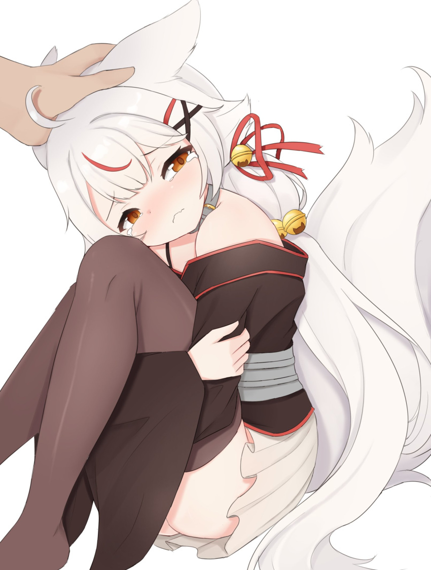 1girl animal_ears bell black_legwear fox_ears fox_girl fox_tail hair_bell hair_ornament hand_on_another's_head headpat highres hugging_own_legs indie_virtual_youtuber japanese_clothes kamiko_kana kimono long_hair meemo multicolored_hair redhead sad streaked_hair tail tears thigh-highs two-tone_hair very_long_hair