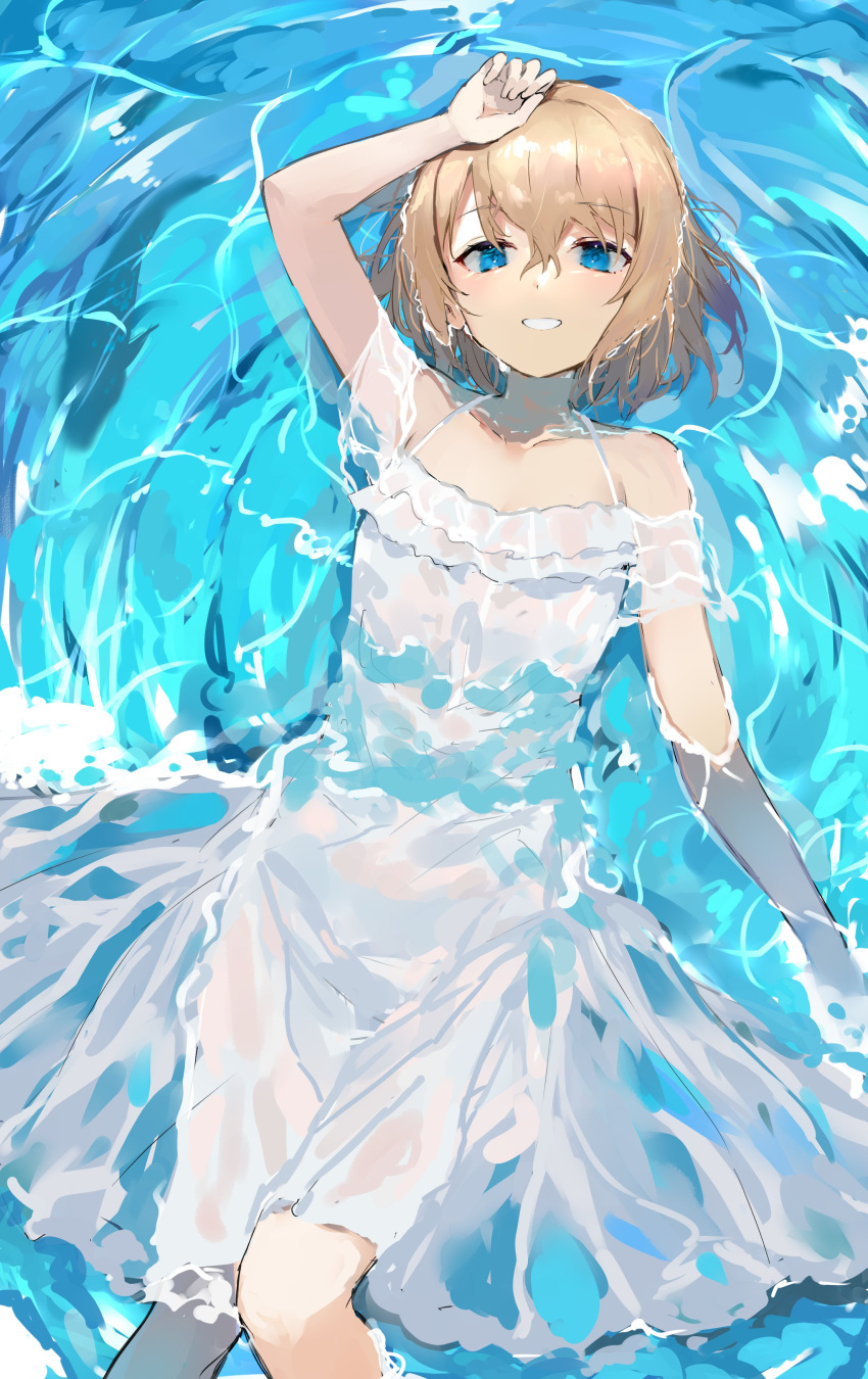 1girl absurdres arm_up bangs blue_eyes commentary crossed_bangs dress feet_out_of_frame frilled_dress frills from_above hair_between_eyes hand_on_own_head highres light_brown_hair off-shoulder_dress off_shoulder original parted_lips partially_submerged ryou_(ponpgo) short_hair short_sleeves smile solo teeth water wet wet_clothes wet_dress white_dress