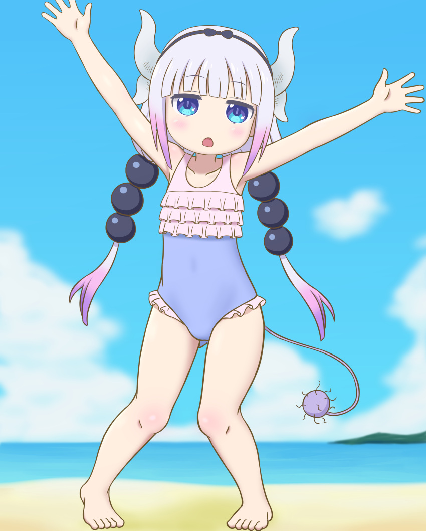 1girl absurdres armpits arms_up ass_visible_through_thighs barefoot beach beads blue_eyes blue_swimsuit casual_one-piece_swimsuit dragon_girl dragon_horns feet full_body green_bell_(yksk042) grey_hair hair_beads hair_ornament hairband highres horns kanna_kamui kobayashi-san_chi_no_maidragon legs long_hair low_twintails ocean one-piece_swimsuit open_mouth outdoors ribbon solo swimsuit tail thighs toes twintails