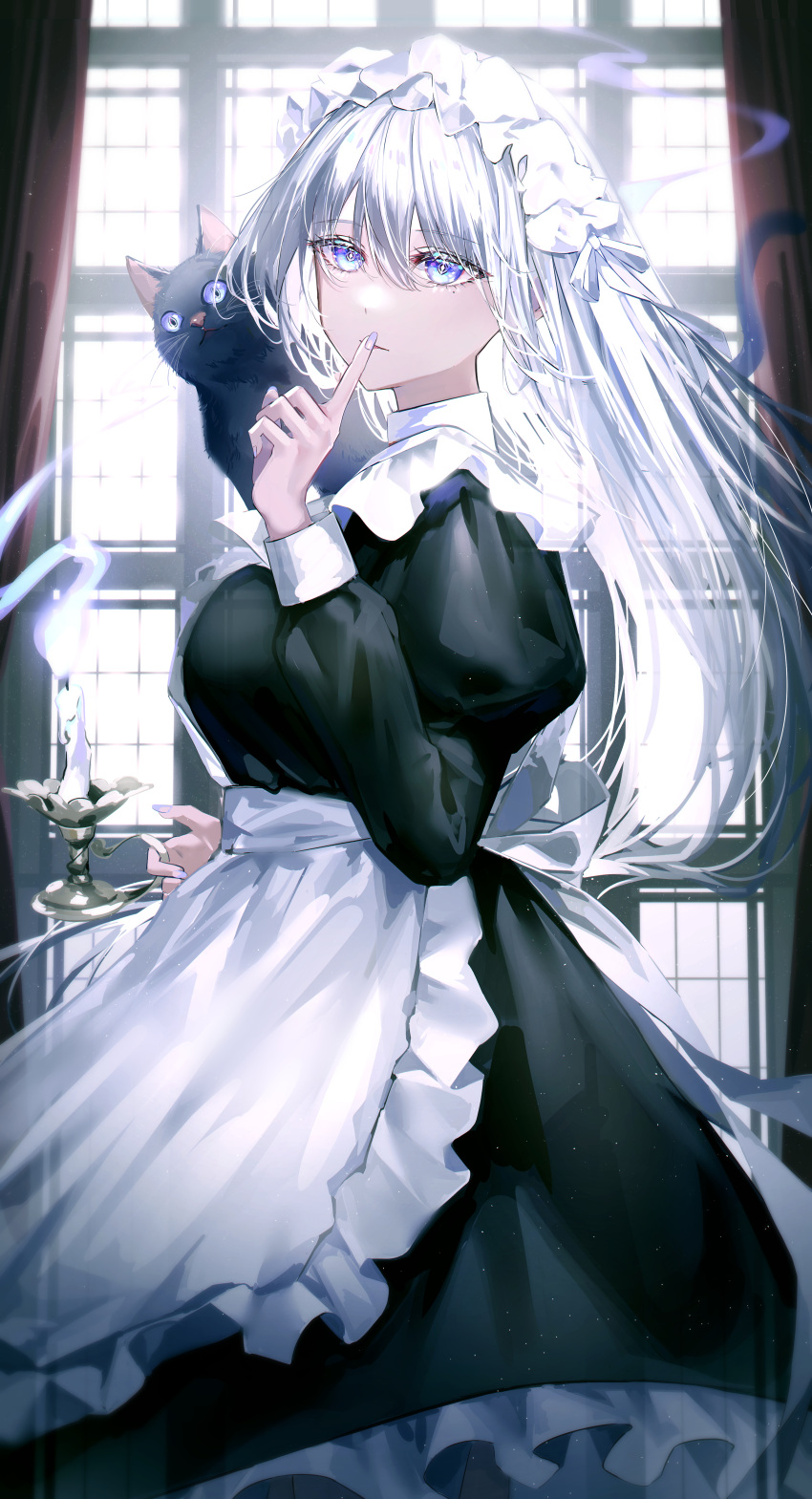 1girl absurdres akqne animal apron bangs black_cat blush breasts candle cat curtains eyebrows_behind_hair eyebrows_visible_through_hair finger_to_mouth grey_hair hair_between_eyes highres holding holding_candle long_hair looking_at_viewer maid maid_apron maid_headdress original shushing solo white_hair window