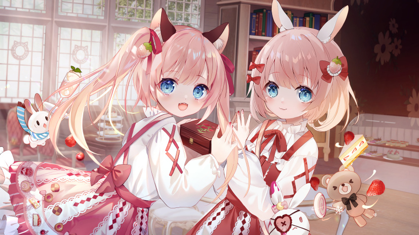 &gt;_&lt; 2girls :d absurdres amafuyu animal animal_ear_fluff animal_ears bangs blue_eyes book bookshelf bow cake cake_slice candy cat_ears closed_mouth commentary_request dress eyebrows_visible_through_hair eyepatch fangs food food-themed_hair_ornament frilled_dress frills fruit hair_bow hair_ornament hair_ribbon heart heart_eyepatch highres holding indoors lollipop long_hair long_sleeves multiple_girls nail_polish original pinafore_dress pink_hair puffy_long_sleeves puffy_sleeves rabbit rabbit_ears red_bow red_dress red_nails red_ribbon red_skirt ribbon shirt siblings sisters skirt sleeveless sleeveless_dress smile strawberry strawberry_hair_ornament stuffed_animal stuffed_toy suspender_skirt suspenders swirl_lollipop teddy_bear tiered_tray twins twintails very_long_hair white_shirt window