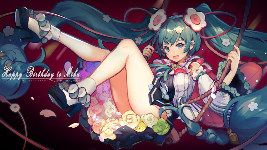 1girl :d aqua_eyes aqua_hair birthday commentary english_commentary flower hair_ornament happy_birthday hatsune_miku highres long_hair open_mouth smile solo swing swinging tapiokaro_(ximilul) twintails very_long_hair vocaloid