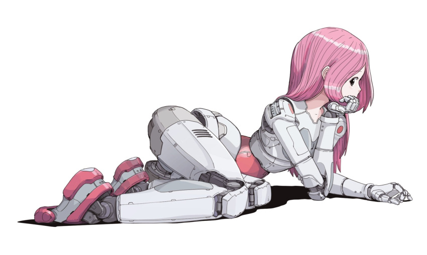 1girl android grey_eyes hand_on_own_chin highres humanoid_robot long_hair looking_at_viewer looking_to_the_side lying on_side original pink_hair sukabu white_background