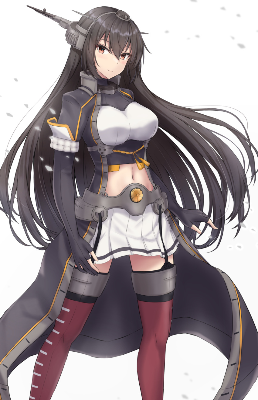 1girl black_coat black_gloves black_hair blush breasts closed_mouth coat elbow_gloves eyebrows_visible_through_hair feet_out_of_frame gloves hair_between_eyes headgear highres kantai_collection large_breasts long_coat long_hair monoku nagato_(kancolle) nagato_kai_ni_(kancolle) navel partially_fingerless_gloves pleated_skirt red_eyes red_legwear skirt smile solo thigh-highs white_background white_skirt