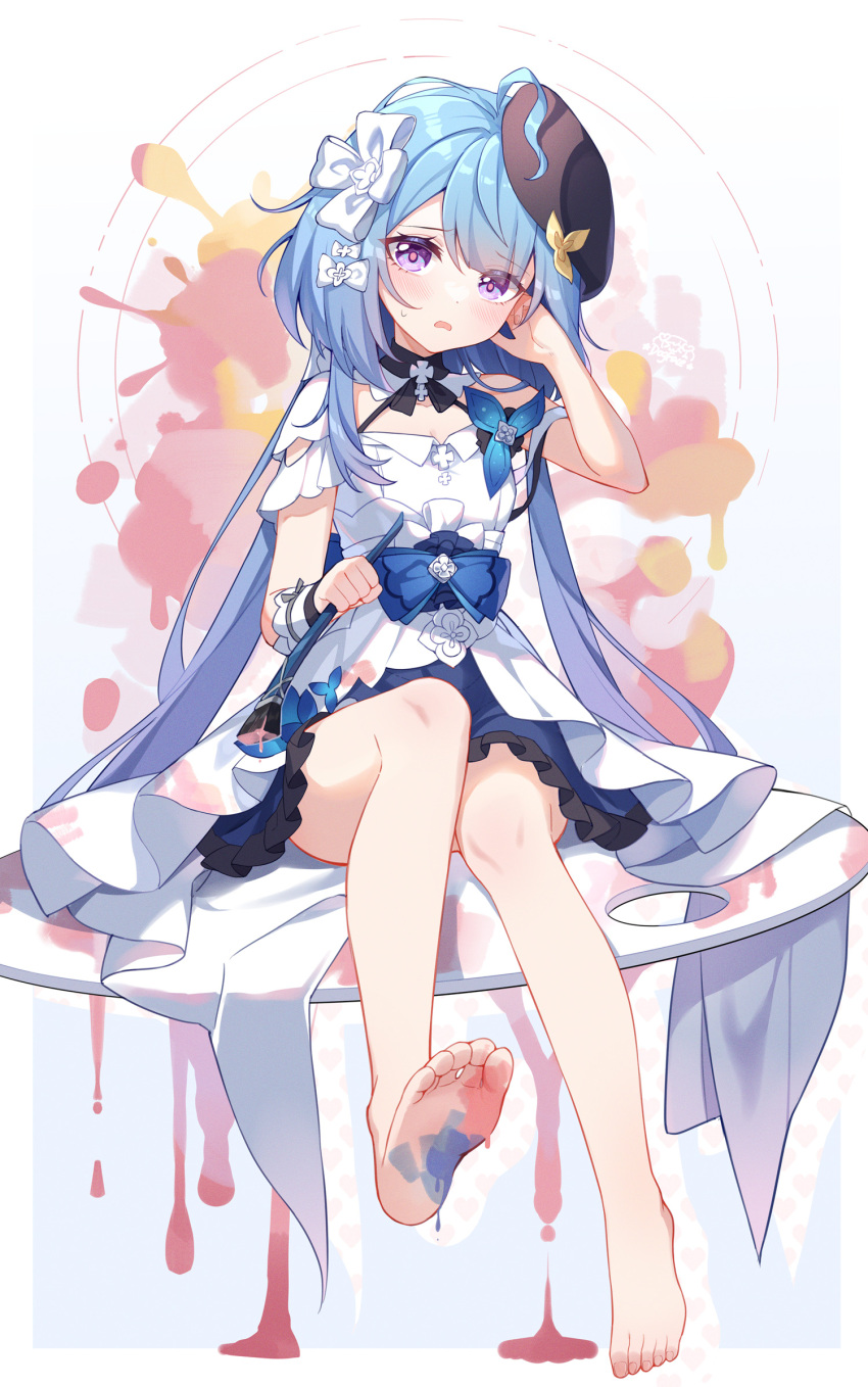 bangs barefoot blue_hair brush dress gou_lianlian_dogface griseo hair_ornament highres holding holding_brush honkai_(series) honkai_impact_3rd looking_at_viewer paint_splatter palette_(object) simple_background soles toes violet_eyes white_background white_dress