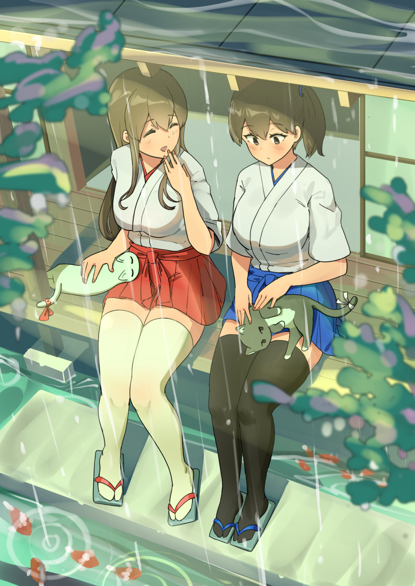 2girls akagi_(kancolle) animal_on_lap bangs black_legwear blue_hakama blush breasts brown_eyes brown_hair cat cat_on_lap closed_eyes commentary_request eyebrows_visible_through_hair fish hakama hakama_skirt highres japanese_clothes kaga_(kancolle) kantai_collection large_breasts long_hair multiple_girls on_lap osananajimi_neko outdoors ponytail rain red_hakama ribbon ripples side_ponytail sitting skirt tail tail_ornament tail_ribbon thigh-highs water white_legwear