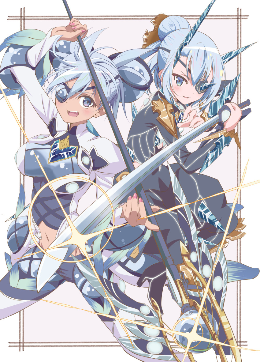 2girls absurdres blue_eyes blue_hair breasts eyepatch flat_chest highres ice_horns kageyasu katana lance large_breasts multiple_girls polearm praxis_(xenoblade) sword theory_(xenoblade) weapon xenoblade_chronicles_(series) xenoblade_chronicles_2