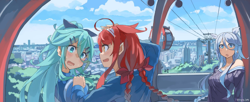 3girls aerial_tram ahoge blue_eyes blue_hair blush braid breasts building cable_car clouds day green_hair hair_between_eyes hair_flaps hair_ribbon hairband hand_on_another's_shoulder highres kantai_collection kawakaze_(kancolle) kawakaze_kai_ni_(kancolle) long_hair medium_breasts mole mole_under_eye multiple_girls open_mouth outdoors pointy_ears ponytail red_ribbon redhead ribbon sidelocks single_braid sky sugue_tettou sweat twin_braids twitter_username umikaze_(kancolle) umikaze_kai_ni_(kancolle) very_long_hair yamakaze_(kancolle)