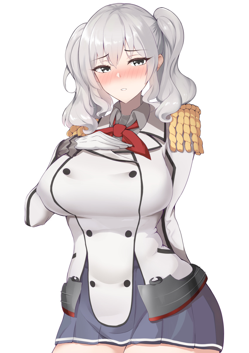 1girl absurdres black_skirt breasts buttons epaulettes eyebrows_visible_through_hair frilled_sleeves frills gloves grey_eyes hair_between_eyes hand_on_own_chest highres jacket kantai_collection kashima_(kancolle) kerchief large_breasts long_sleeves military military_jacket military_uniform miniskirt neckerchief no_hat no_headwear pleated_skirt red_neckerchief simple_background sing152 skirt solo twintails uniform wavy_hair white_background white_gloves white_jacket