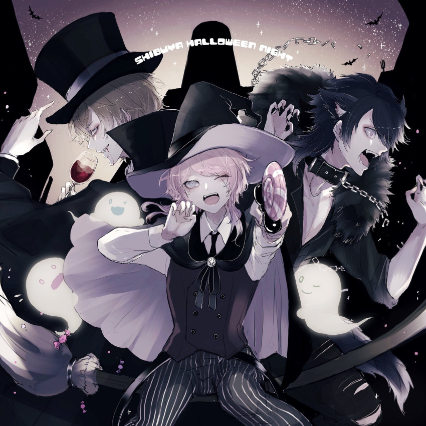 3boys ;d alternate_costume amemura_ramuda arisugawa_dice blue_eyes blue_hair broom broom_riding brown_hair candy cup drinking_glass fangs fling_posse food ghost halloween halloween_costume hat highres hypnosis_mic lollipop multiple_boys one_eye_closed open_mouth pink_hair shino_(shino-xx) smile stitched_face violet_eyes wine_glass witch witch_hat yumeno_gentarou