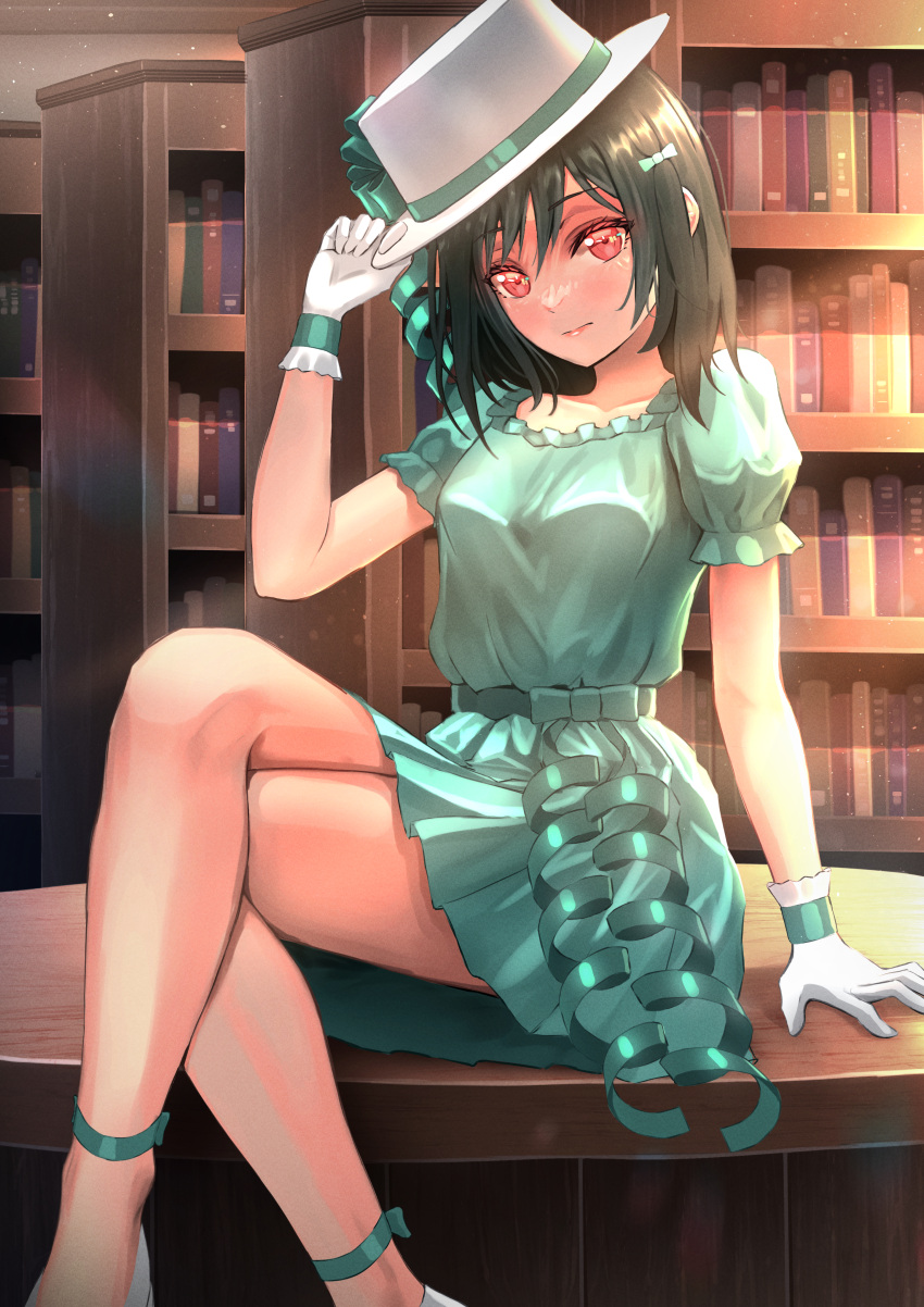 1girl absurdres adjusting_clothes adjusting_headwear ankle_strap aqua_bow aqua_dress black_hair bow closed_mouth crossed_legs dress emotion_(love_live!) english_commentary evening gloves hat hat_bow highres legs library looking_at_viewer love_live! love_live!_nijigasaki_high_school_idol_club medium_hair mifune_shioriko notinversion on_table red_eyes short_dress short_sleeves sidelighting sitting sitting_on_table table tsurime waist_bow white_gloves white_headwear