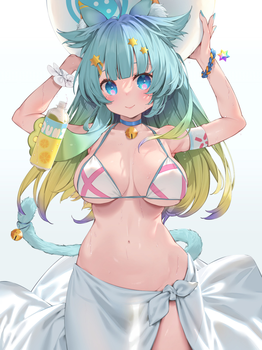 1girl animal_ears aqua_hair aqua_nails arms_up ball bangs bikini blonde_hair blue_background blue_hair blunt_bangs bottle breasts cat_ears cat_tail closed_mouth gradient gradient_background gradient_hair highres holding holding_ball indie_virtual_youtuber lanmewko large_breasts long_hair looking_at_viewer multicolored_hair nail_polish navel solo sweat swimsuit tail virtual_youtuber waterring