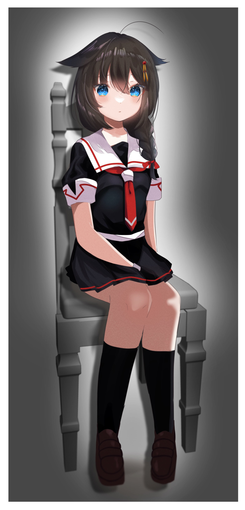 1girl absurdres ahoge black_gloves black_hair black_legwear black_serafuku black_shirt black_skirt blue_eyes braid brown_footwear chair gloves hair_between_eyes hair_flaps hair_ornament hair_over_shoulder highres kantai_collection kazama_gorou kneehighs loafers miniskirt necktie pleated_skirt red_necktie school_uniform serafuku shigure_(kancolle) shigure_kai_ni_(kancolle) shirt shoes short_sleeves single_braid sitting skirt solo