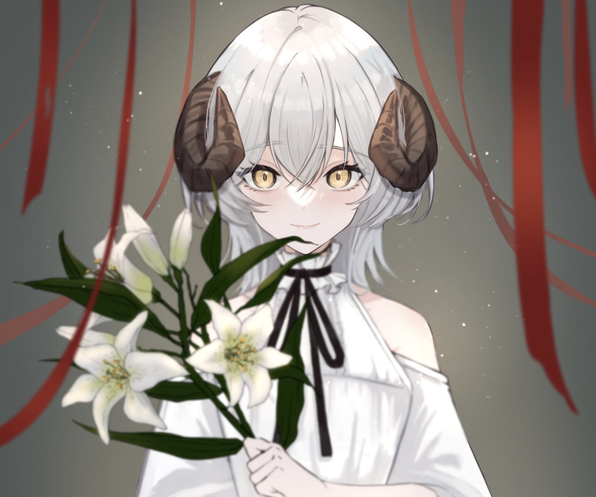 1girl bangs bare_shoulders dress eyebrows_visible_through_hair flower flower_request frills haruwo high_collar highres holding holding_flower horns light_particles long_hair looking_at_viewer neck_ribbon off-shoulder_dress off_shoulder original ribbon sheep_horns smile solo thick_eyebrows white_hair yellow_eyes