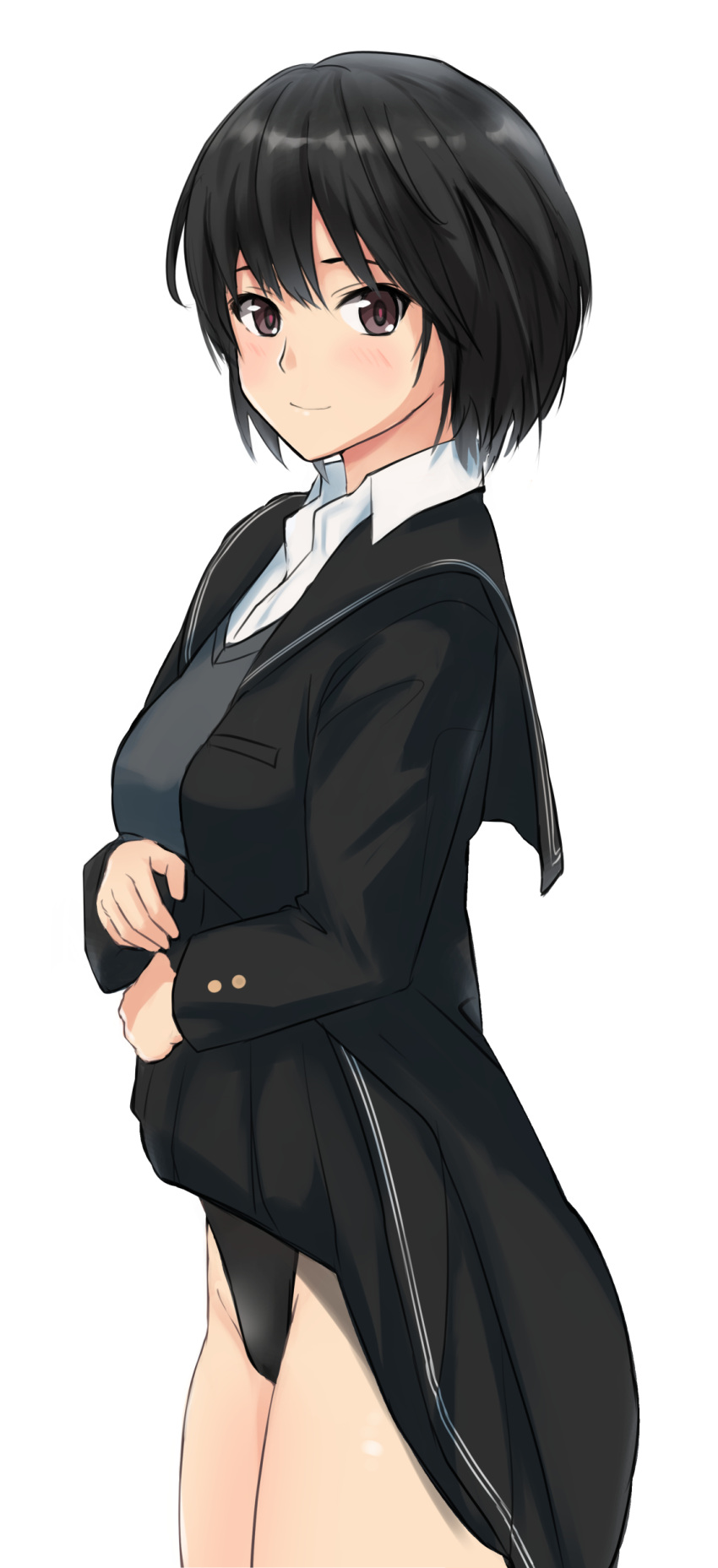 1girl absurdres amagami black_hair black_jacket black_sailor_collar black_skirt black_swimsuit breasts brown_eyes clothes_lift collared_shirt cowboy_shot highleg highleg_swimsuit highres jacket kibito_high_school_uniform looking_at_viewer nanasaki_ai open_clothes open_jacket pleated_skirt sailor_collar school_uniform shirt short_hair simple_background skirt skirt_lift small_breasts solo swimsuit swimsuit_under_clothes white_background white_shirt yoo_tenchi