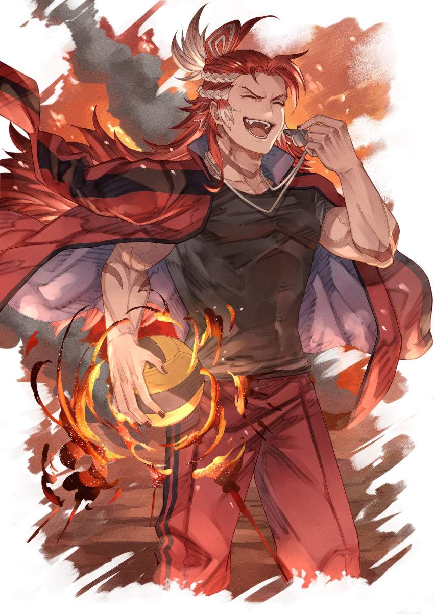 1boy absurdres alternate_costume ayacho ball black_shirt closed_eyes contemporary fangs feet_out_of_frame fire granblue_fantasy highres holding holding_ball holding_whistle jacket jacket_on_shoulders long_hair male_focus multicolored_hair muscular muscular_male open_mouth pants red_jacket red_pants redhead shirt smile solo teeth tongue two-tone_hair v-shaped_eyebrows volleyball whistle whistle_around_neck white_hair wilnas_(granblue_fantasy)