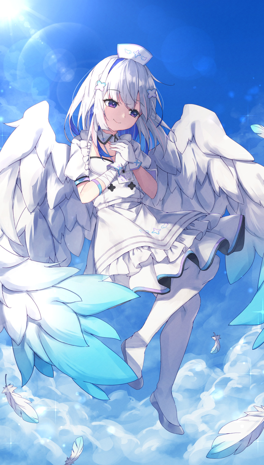 1girl absurdres amane_kanata apron bandaged_arm bandages bangs blue_hair blue_sky blue_wings closed_mouth clouds commentary_request day dress eyebrows_visible_through_hair frilled_apron frills full_body gloves grey_footwear grey_hair hat highres hololive long_hair looking_away masaki_(msk064) multicolored_hair nurse nurse_cap outdoors own_hands_together pantyhose puffy_short_sleeves puffy_sleeves shoes short_sleeves single_hair_intake sky smile solo sun two-tone_hair violet_eyes virtual_youtuber white_apron white_dress white_feathers white_gloves white_headwear white_legwear white_wings wings