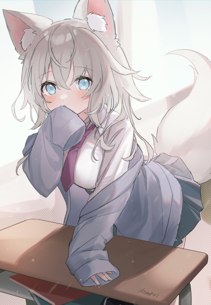 1girl animal_ear_fluff animal_ears arm_support black_skirt blue_eyes blush breasts cardigan classroom covering_mouth desk fox_ears fox_girl fox_tail grey_cardigan grey_hair hand_to_own_mouth highres leaning_forward long_hair looking_at_viewer necktie off_shoulder original poncho_(31103105) shirt skirt sleeves_past_wrists solo tail white_shirt window