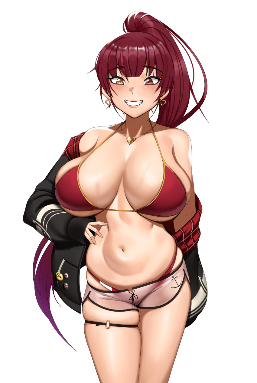 1girl absurdres bikini bikini_top_only breasts dolphin_shorts hand_on_hip heterochromia highres hololive houshou_marine jacket kevbot large_breasts long_hair looking_at_viewer narrow_waist off_shoulder red_bikini red_eyes redhead short_shorts shorts skindentation smile swimsuit thick_thighs thigh_strap thighs virtual_youtuber wide_hips yellow_eyes
