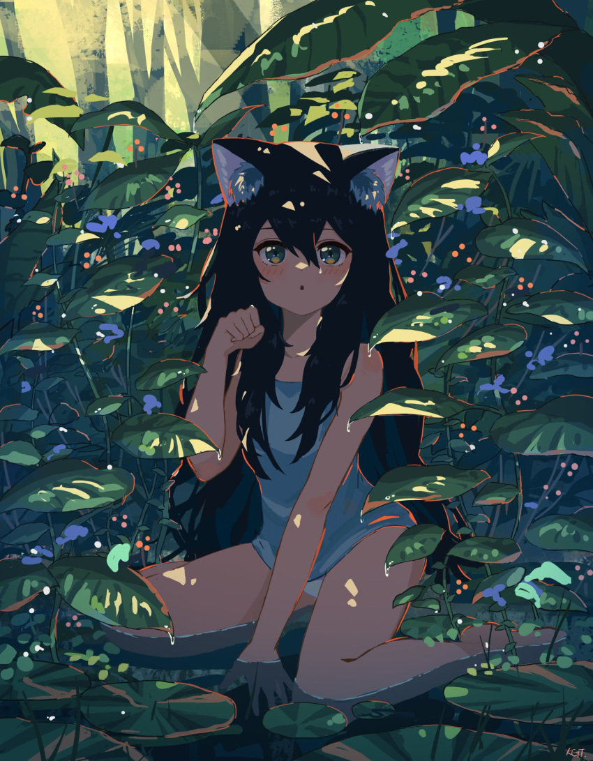 1girl :o animal_ear_fluff animal_ears bangs bare_arms bare_legs bare_shoulders barefoot black_hair blue_dress blush cat_ears dappled_sunlight dress eyebrows_visible_through_hair full_body green_eyes hair_between_eyes highres kgt_(pixiv12957613) long_hair original outdoors panties pantyshot parted_lips paw_pose plant shallow_water short_dress sitting solo sunlight underwear upskirt very_long_hair wariza water white_panties