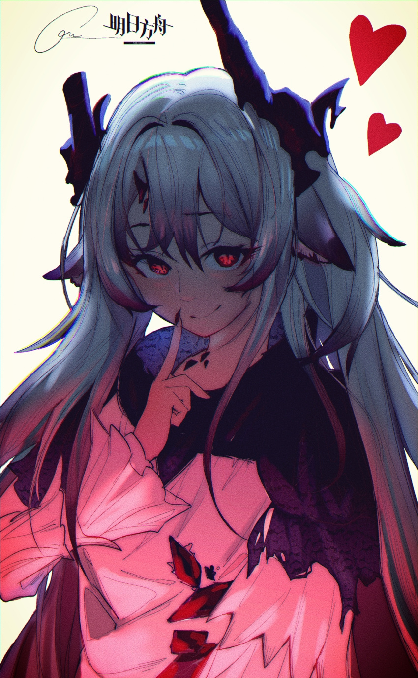 1girl absurdres animal_ear_fluff arknights black_capelet black_nails capelet closed_mouth copyright_name dress finger_to_mouth fingernails grey_hair grscubes heart highres horns index_finger_raised kemonomimi_mode long_fingernails long_hair long_sleeves looking_at_viewer nail_polish oripathy_lesion_(arknights) red_eyes shushing signature simple_background smile solo theresa_(arknights) upper_body very_long_hair white_background white_dress