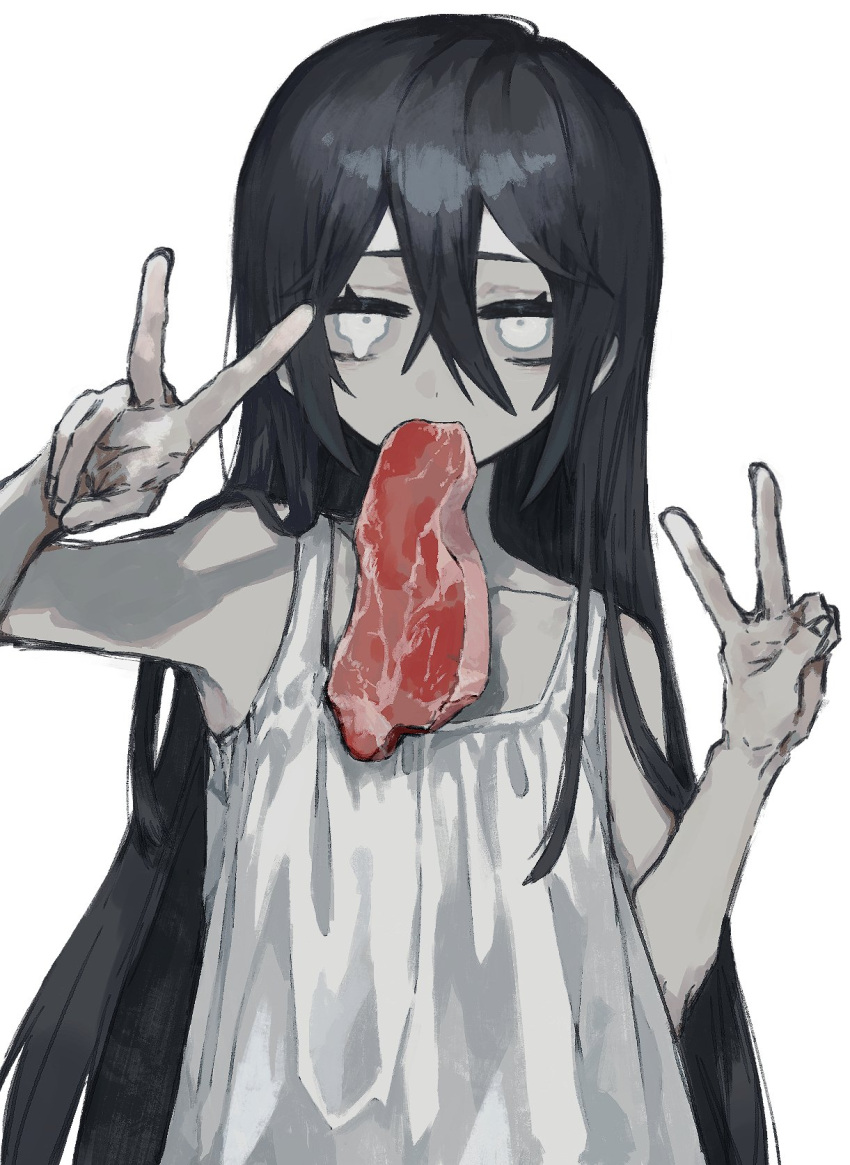 1girl bangs black_hair double_v dress food hair_between_eyes highres long_hair looking_at_viewer meat mouth_hold original pale_skin raw_meat simple_background sleeveless sleeveless_dress solo symbol-only_commentary taezuodoru_0 v very_long_hair white_background white_dress white_eyes