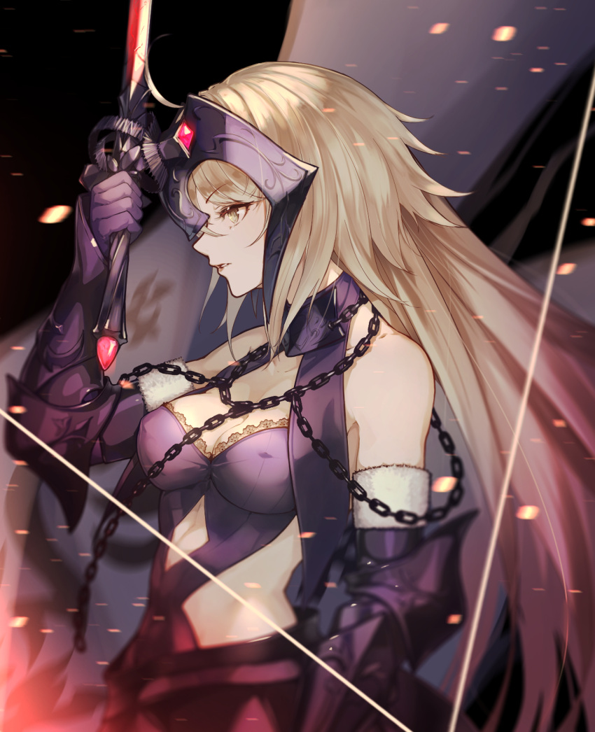1girl bare_shoulders black_dress black_gloves blonde_hair breasts chain commentary_request detached_sleeves dress eyebrows_visible_through_hair fate/grand_order fate_(series) fur-trimmed_sleeves fur_trim gauntlets gloves headpiece highres holding holding_sword holding_weapon jeanne_d'arc_alter_(avenger)_(fate) jeanne_d'arc_alter_(avenger)_(third_ascension)_(fate) jeanne_d'arc_alter_(fate) long_hair medium_breasts parted_lips profile solo sword upper_body ura_illust very_long_hair weapon