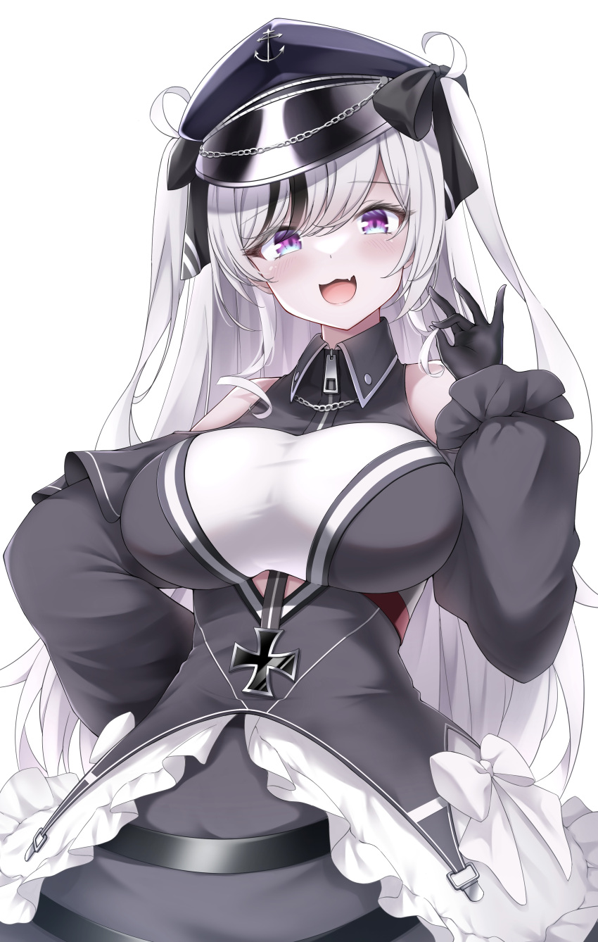1girl absurdres anchor_symbol azur_lane black_corset black_dress black_gloves black_headwear cien_(shikanokuni) clothing_cutout collared_dress corset cowboy_shot cross detached_sleeves dress elbe_(azur_lane) eyebrows_visible_through_hair fang frilled_dress frills gloves hair_between_eyes hat highres iron_cross layered_dress leotard looking_at_viewer multicolored_hair open_mouth peaked_cap red_armband shoulder_cutout simple_background skin_fang smile solo streaked_hair underboob_cutout violet_eyes white_background white_leotard zipper