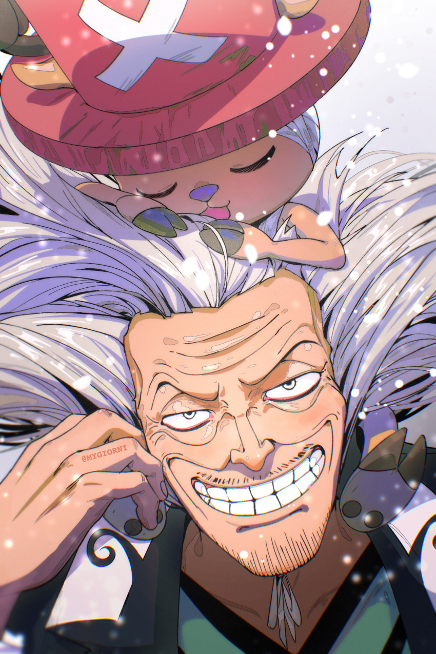 2boys absurdres antlers antlers_through_headwear closed_eyes commentary dr._hiluluk grey_hair hat highres multiple_boys mygiorni on_head one_piece parted_lips sleeping smile snow snowing teeth tony_tony_chopper twitter_username