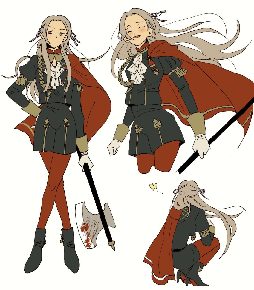 1girl artist_request ascot axe blood blue_eyes blush cape closed_mouth edelgard_von_hresvelg fire_emblem fire_emblem:_three_houses garreg_mach_monastery_uniform gloves hair_ornament hair_ribbon highres long_hair long_sleeves looking_at_viewer pantyhose red_cape ribbon simple_background smile solo uniform violet_eyes weapon white_hair