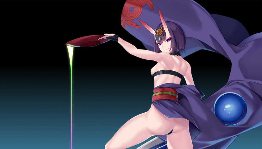 1girl alcohol ass back bangs bare_shoulders bob_cut breasts cup eyeliner fate/grand_order fate_(series) headpiece highres horns japanese_clothes kimono long_sleeves looking_at_viewer looking_back makeup mrnn oni oni_horns pouring purple_hair purple_kimono revealing_clothes sakazuki sake short_hair shuten_douji_(fate) skin-covered_horns small_breasts smile solo sword violet_eyes weapon wide_sleeves