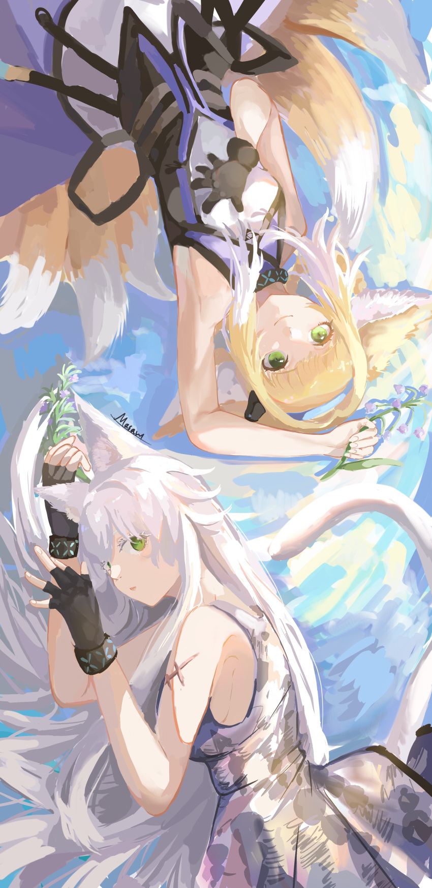 2girls absurdres animal_ear_fluff animal_ears arknights arm_up armpits bangs bare_arms bare_shoulders black_gloves blonde_hair blue_hairband braid breasts cat_ears cat_girl cat_tail closed_mouth dress eyebrows_behind_hair eyebrows_visible_through_hair fingerless_gloves flower fox_ears fox_girl fox_tail gloves green_eyes grey_dress hair_rings hairband highres holding holding_flower kitsune lily_of_the_valley long_hair multicolored_hair multiple_girls parted_lips purple_skirt rosmontis_(arknights) shirt shiyuanshitobi sidelocks skirt sleeveless sleeveless_dress small_breasts smile suzuran_(arknights) tail twin_braids two-tone_hair very_long_hair white_flower white_hair white_shirt