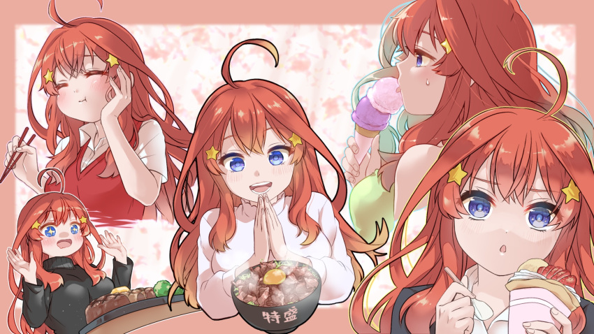 1girl ahoge bangs black_sweater blue_eyes blush bowl chopsticks collared_shirt commentary_request crepe eating egg eyebrows_visible_through_hair food fruit go-toubun_no_hanayome hair_between_eyes hair_ornament highres holding holding_chopsticks holding_food holding_spoon ice_cream licking long_hair long_sleeves mochi_punin multiple_views nakano_itsuki red_sweater_vest red_vest redhead school_uniform shirt short_sleeves sparkling_eyes spoon star_(symbol) star_hair_ornament steam strawberry sweatdrop sweater sweater_vest tongue translation_request upper_body vest white_shirt