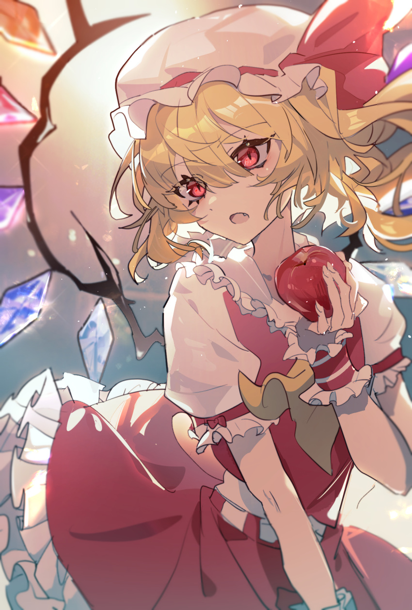 18721583225 1girl ascot blonde_hair collared_shirt commentary_request crystal eyelashes fang flandre_scarlet food frilled_shirt_collar frilled_skirt frilled_sleeves frills fruit hat hat_ribbon highres holding holding_food holding_fruit medium_hair mob_cap one_side_up open_mouth puffy_short_sleeves puffy_sleeves red_eyes red_ribbon red_skirt red_vest ribbon shirt short_sleeves side_ponytail skirt skirt_set solo touhou upper_body vest white_headwear white_shirt wings wristband yellow_ascot
