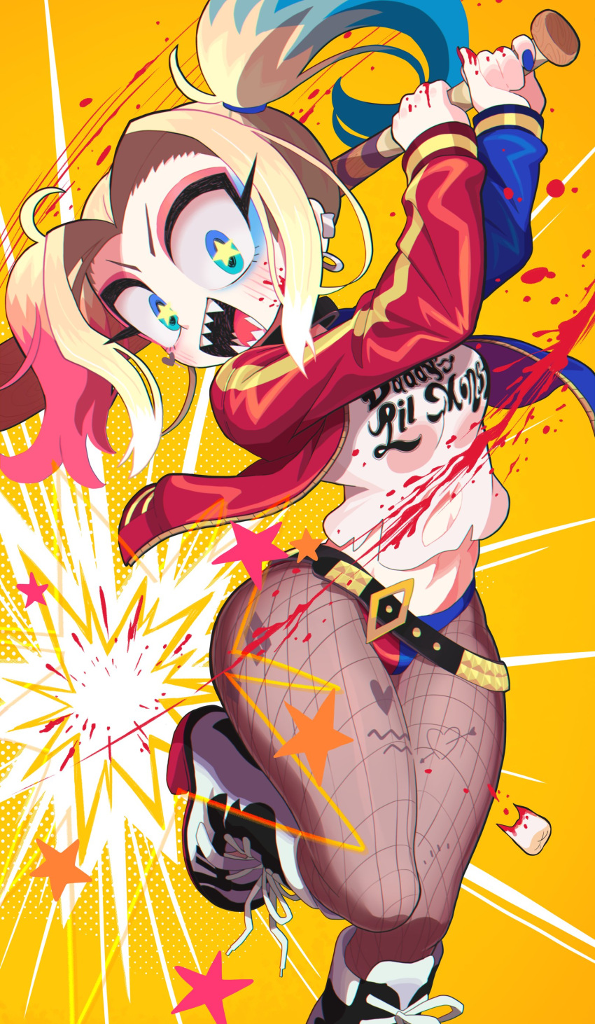 1girl absurdres baseball_bat batman_(series) belt blonde_hair blue_eyes blue_hair breasts dc_comics fishnets gashi-gashi gloves harley_quinn highres jewelry lipstick long_hair looking_at_viewer makeup multicolored_hair navel pantyhose redhead shorts smile solo suicide_squad teeth twintails