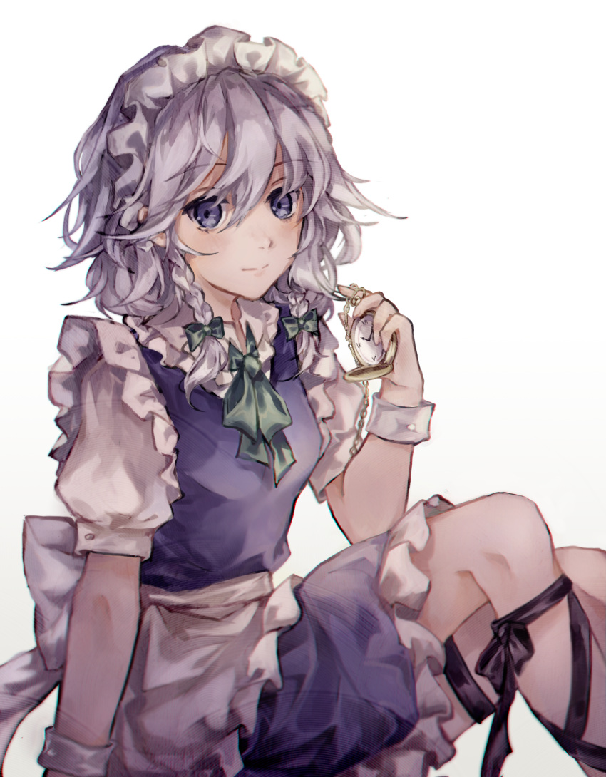 1girl absurdres apron bangs black_ribbon blue_dress blue_eyes braid breasts chain clock closed_mouth collared_shirt commentary_request dress frilled_apron frilled_dress frills gold_chain green_ribbon grey_hair hanaya_(fleur) happy highres izayoi_sakuya leg_ribbon leg_strap looking_at_viewer maid maid_apron maid_headdress medium_hair neck_ribbon pocket_watch puffy_short_sleeves puffy_sleeves ribbon roman_numeral shirt short_sleeves simple_background sitting small_breasts smile solo touhou twin_braids waist_apron watch white_apron white_background white_shirt wrist_cuffs