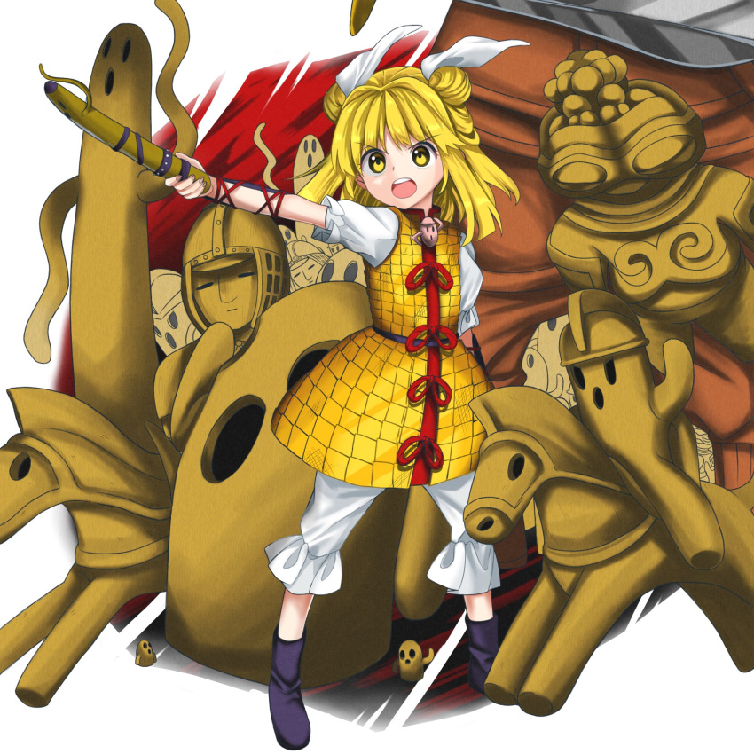 1girl armor armored_dress blonde_hair bloomers blue_footwear boots commentary_request doguu doll double_bun dress figure full_body hair_ribbon haniwa_(statue) harukawa_moe_(style) highres holding horse japanese_armor joutouguu_mayumi keiki8296 open_mouth puffy_short_sleeves puffy_sleeves red_ribbon ribbon shirt short_hair short_sleeves standing teeth touhou underwear upper_teeth vambraces white_bloomers white_ribbon white_shirt wily_beast_and_weakest_creature yellow_dress yellow_eyes