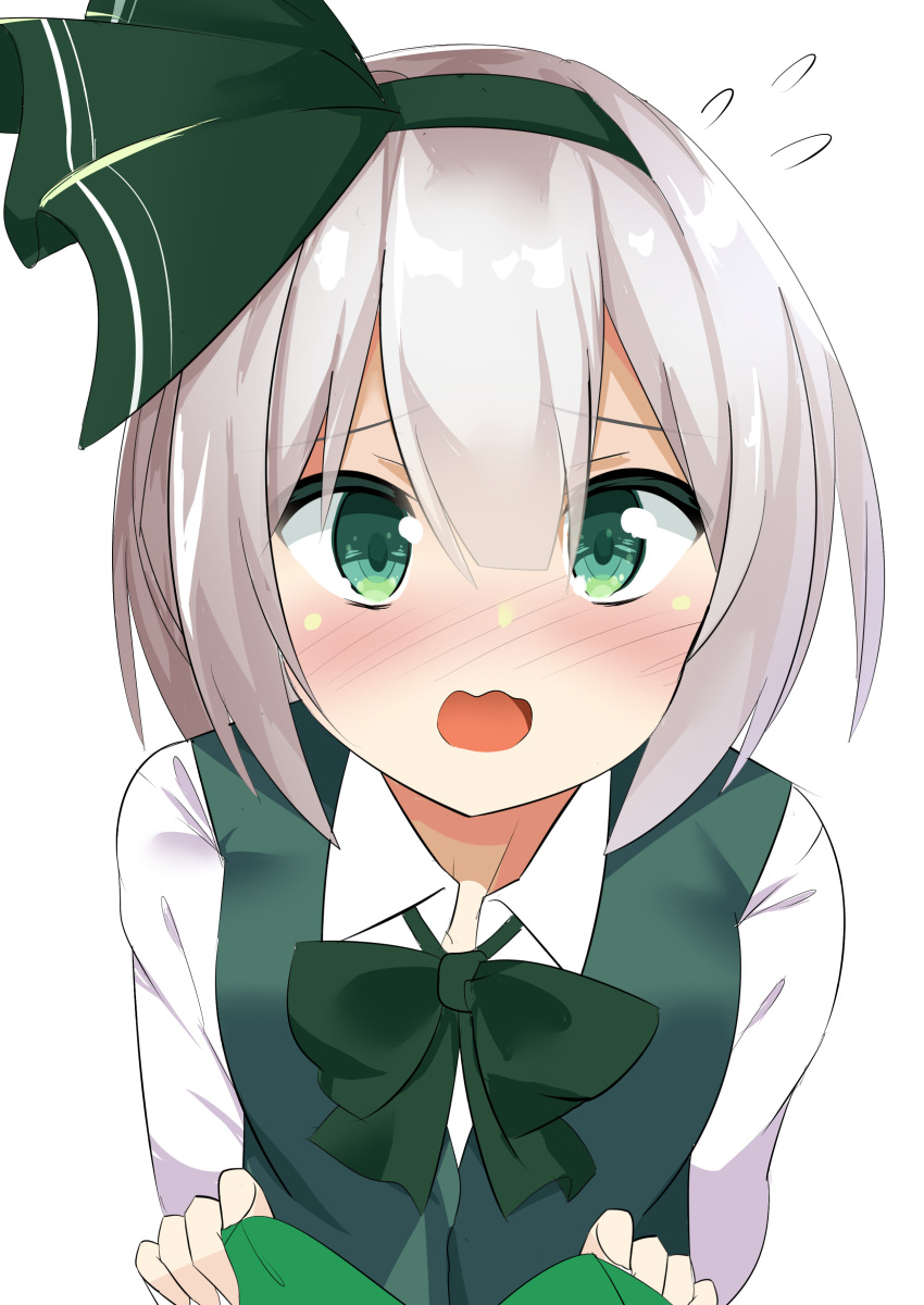 1girl 9150namihana absurdres bangs blunt_bangs blush bow bowtie breasts collared_shirt commentary_request green_bow green_bowtie green_eyes green_hairband green_vest grey_hair hair_between_eyes hairband highres konpaku_youmu looking_at_viewer nose_blush open_mouth shiny shiny_hair shirt simple_background small_breasts solo touhou upper_body vest white_background white_shirt