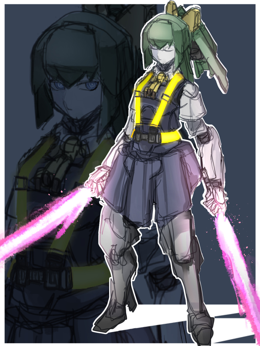 1girl ascot bangs blue_dress blue_eyes bow closed_eyes closed_mouth collared_shirt commentary_request cookie_(touhou) daiyousei diyusi_(cookie) dress dual_wielding energy_sword expressionless full_body green_hair hair_bow high-visibility_vest highres holding long_hair mechanization ponytail robot shimosuke shirt short_sleeves solo sword touhou weapon white_shirt yellow_ascot yellow_bow zoom_layer