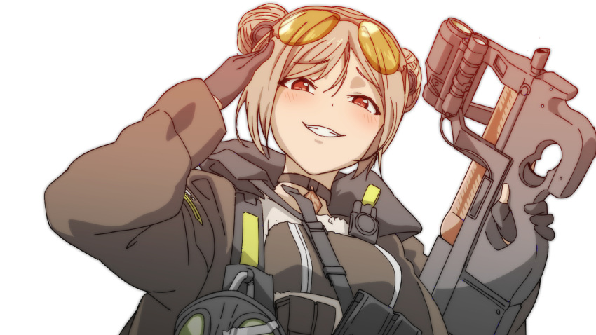 1girl bangs black_choker black_gloves black_jacket blush bullpup choker commission cup double_bun eyebrows_visible_through_hair eyewear_on_head fingerless_gloves gas_mask girls_frontline gloves gun holding holding_cup jacket light_brown_hair looking_at_viewer mask open_mouth p90 p90_(girls'_frontline) pixiv_request red_eyes salute short_hair smile solo submachine_gun sunglasses teeth_hold triangle_bullet upper_body weapon white_background