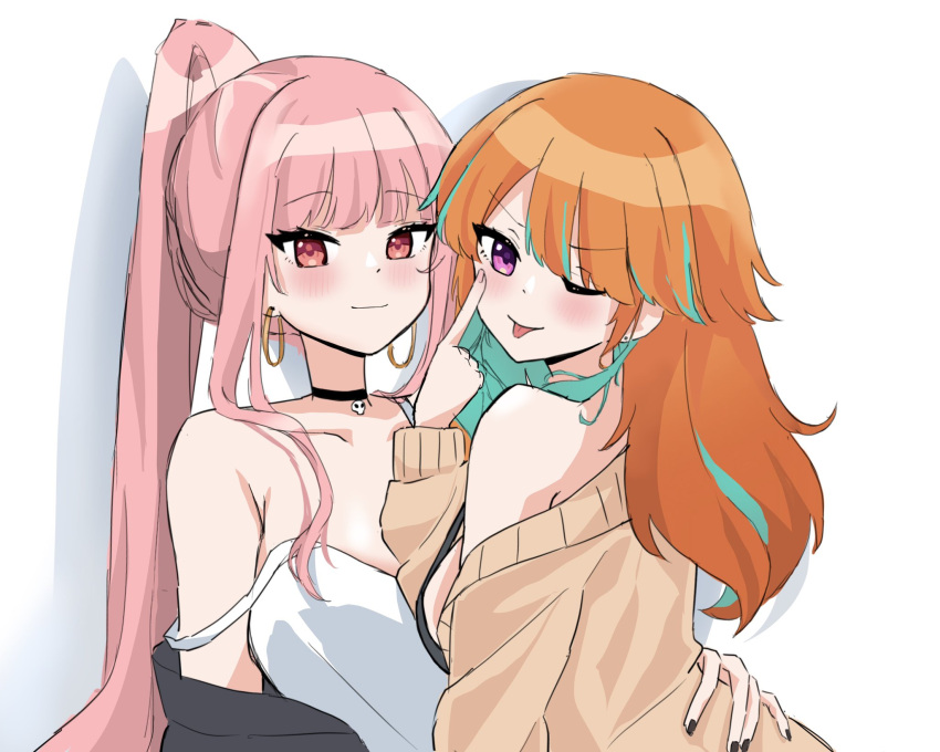 2girls :p alternate_costume couple earrings eyebrows_visible_through_hair face-to-face feather_earrings feathers gradient_hair hair_down hand_on_another's_back highres hololive hololive_english hug jewelry mori_calliope multicolored_hair multiple_girls pink_hair shunnukiki sweater takanashi_kiara tank_top tongue tongue_out virtual_youtuber yuri