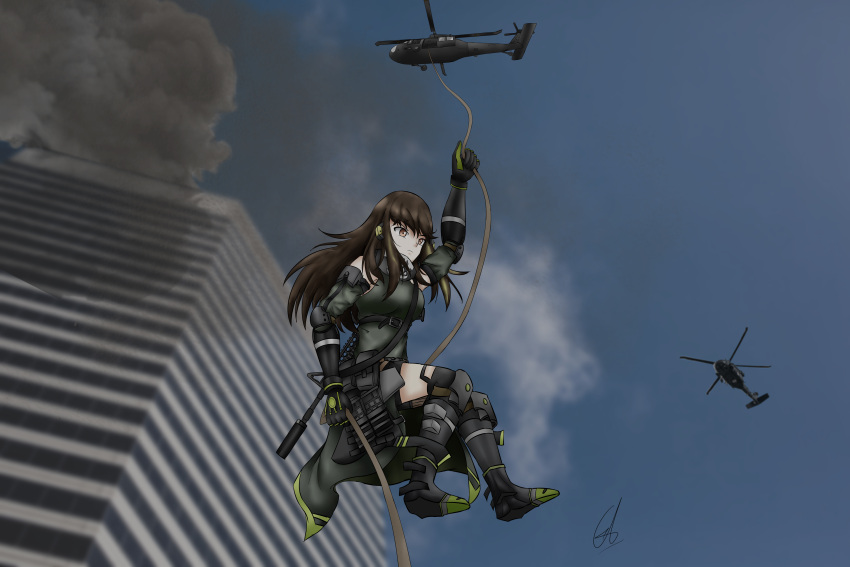 absurdres aircraft armband assault_rifle black_eyes black_hair building clothes_around_waist girls_frontline gloves green_hair gun helicopter highres jacket jacket_around_waist kuro_ten7 long_hair looking_to_the_side m4_carbine m4a1_(girls'_frontline) military mod3_(girls'_frontline) multicolored_hair rifle rope scarf signature smoke solo streaked_hair suppressor thigh-highs weapon