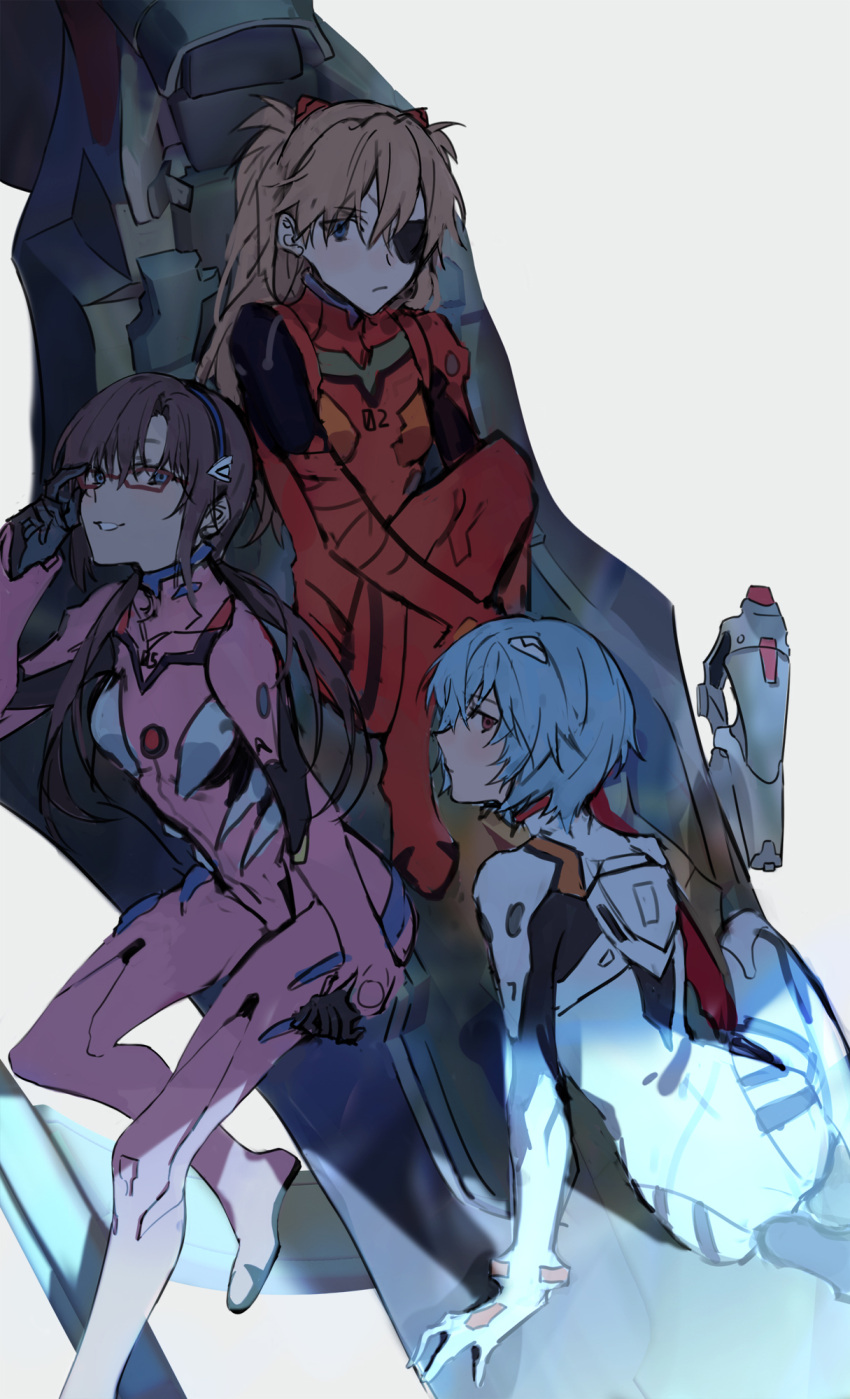 3girls ayanami_rei blue_hair bodysuit brown_hair eyepatch glasses highres makinami_mari_illustrious multiple_girls neon_genesis_evangelion otuming plugsuit rebuild_of_evangelion red_eyes sitting souryuu_asuka_langley