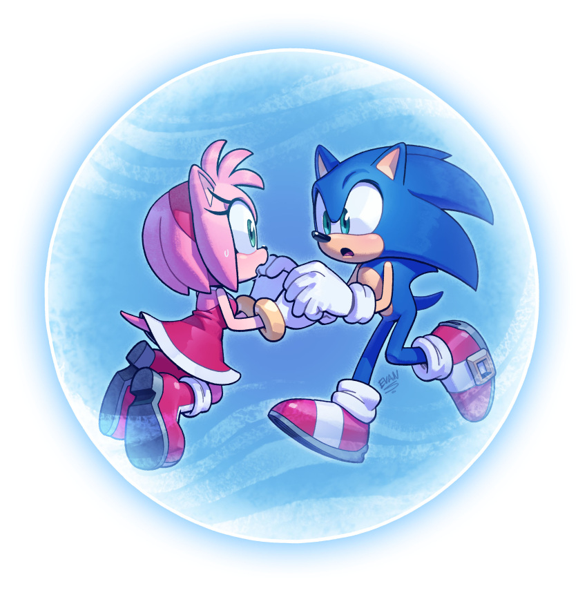 1boy 1girl absurdres amy_rose artist_name blue_fur blush boots bracelet bubble diadem dress evan_stanley floating gloves green_eyes highres holding_hands jewelry looking_at_another open_mouth pink_fur pointy_nose shoes sleeveless sonic_(series) sonic_the_hedgehog sweatdrop teeth topless_male