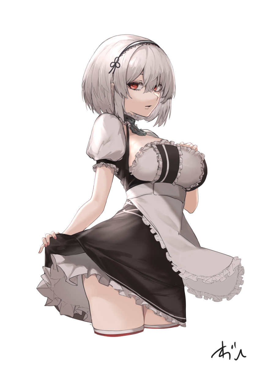 1girl azur_lane breasts choker clothes_lift from_side hair_between_eyes headdress highres large_breasts looking_at_viewer maid oregano_(olgn_eao) parted_lips red_eyes short_hair short_sleeves sirius_(azur_lane) skirt skirt_lift thigh-highs white_background white_hair